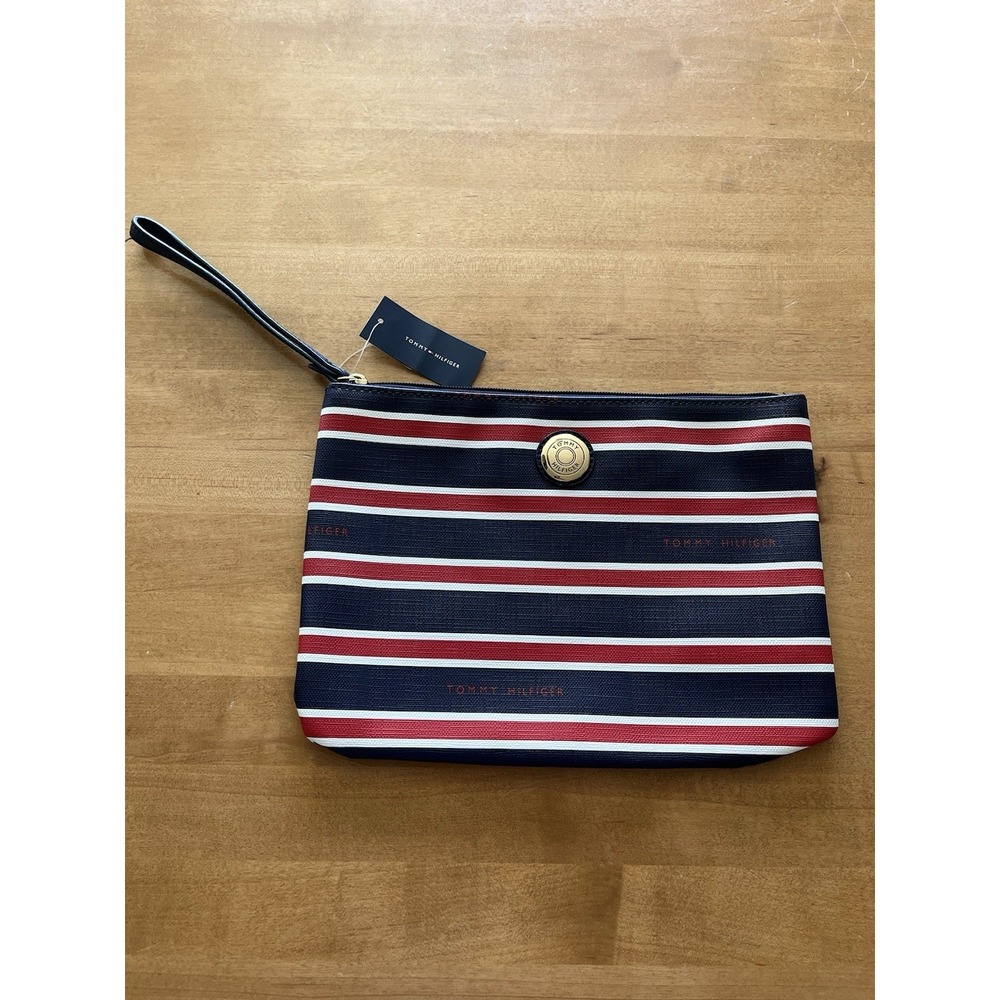 NWT Large Tommy Hilfiger Wristlet Clutch Bag Pouch Patriotic Red White Blue Gold